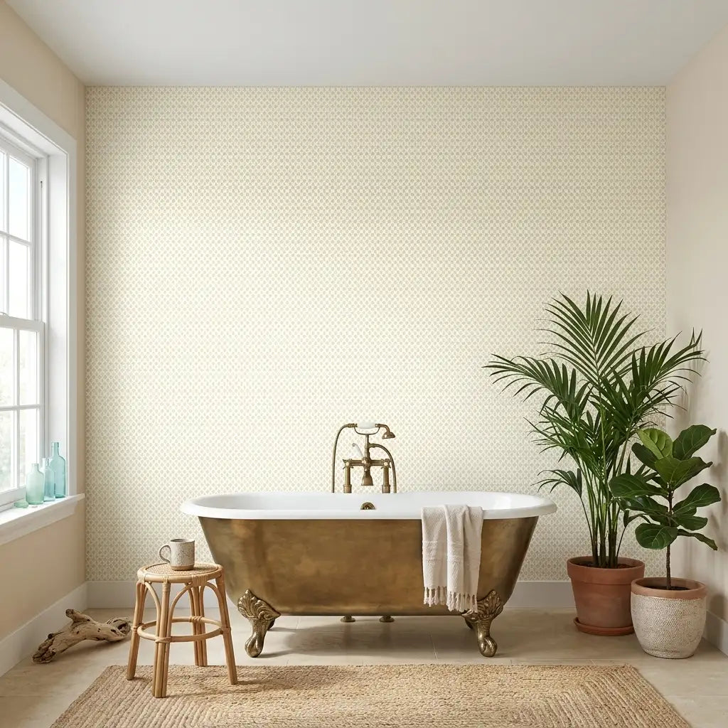 Bathroom - Brioni Cream Yellow wallpaper by York Wallcoverings creates a bright and elegant space.