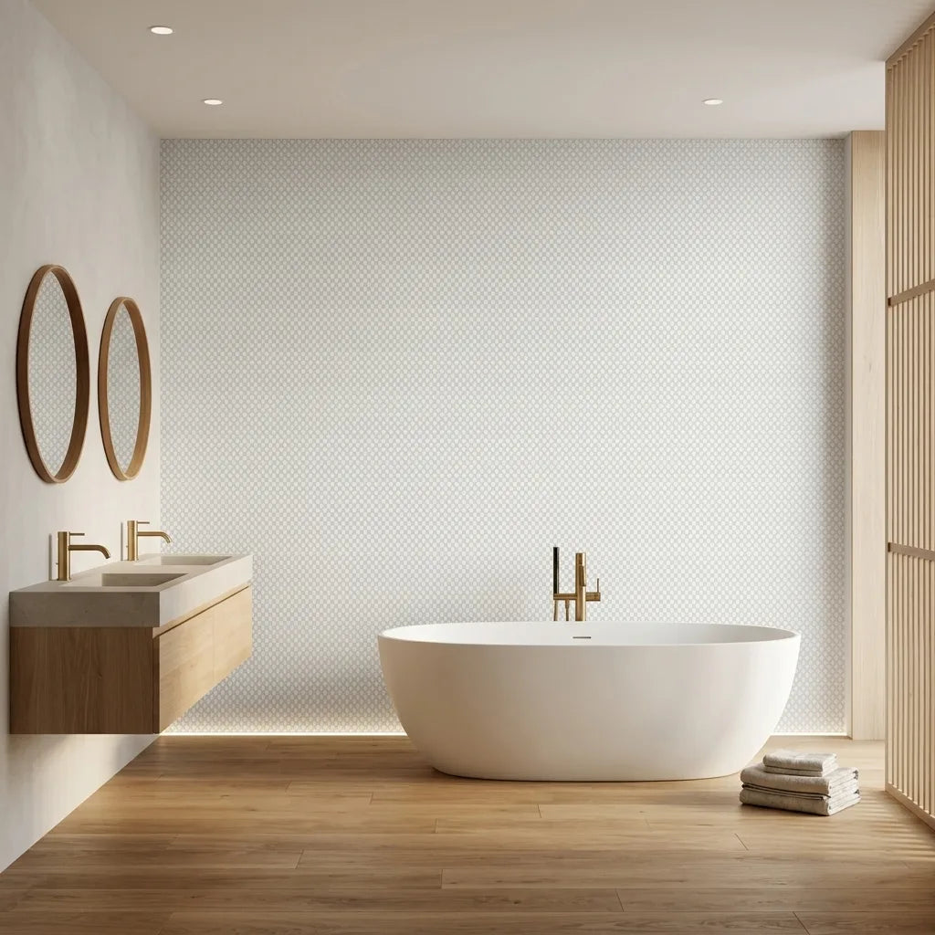 Bathroom - Elegant Grey and White Brioni wallpaper by York Wallcoverings creates a sophisticated and modern washroom design.