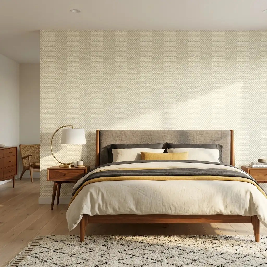 Bedroom - Elegant bedroom showcases Brioni wallpaper in Cream and Yellow by York Wallcoverings, creating a serene and stylish space.