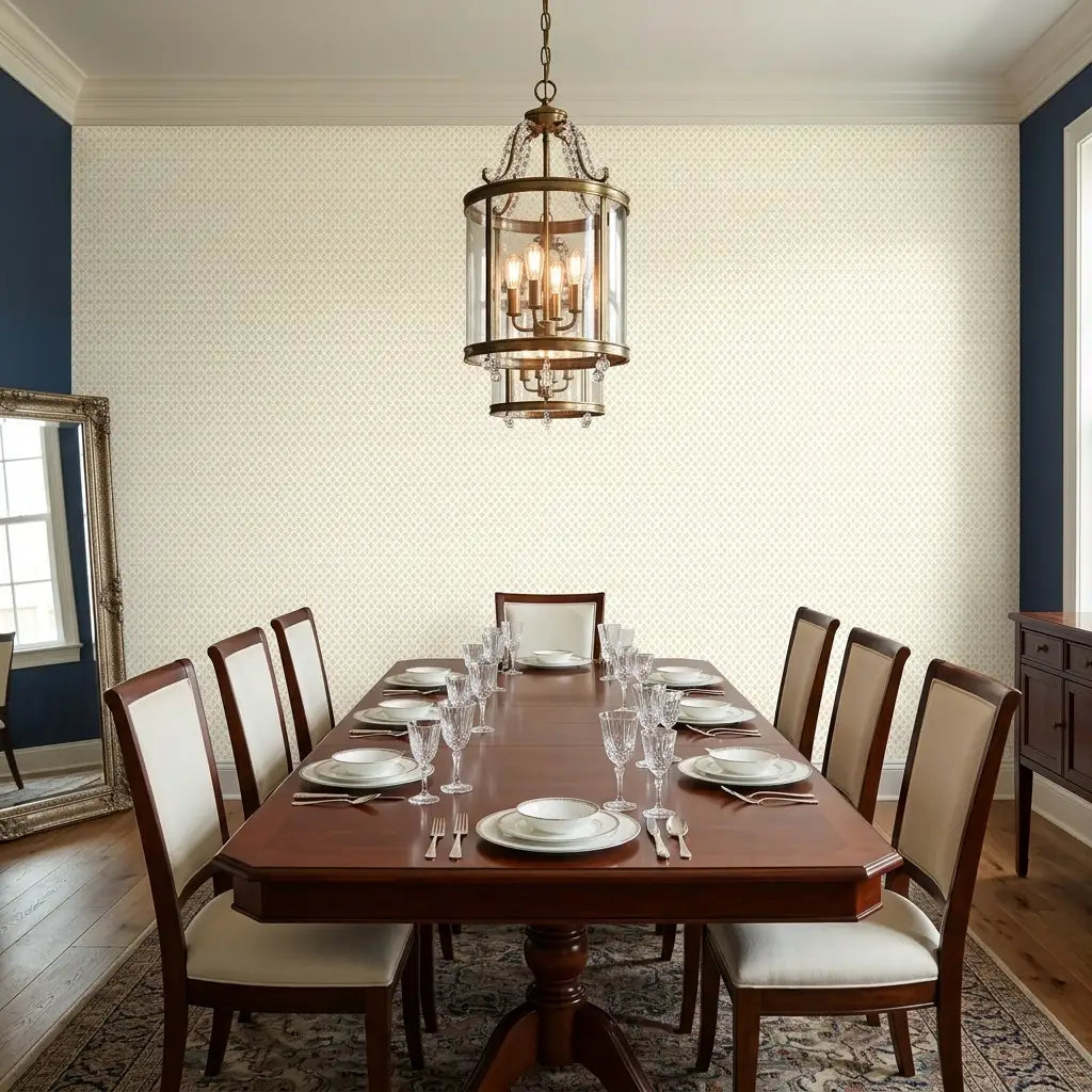 Dining Room - Elegant dining room with 'Brioni' wallpaper in Cream and Yellow by York Wallcoverings, creating a sophisticated and inviting space.