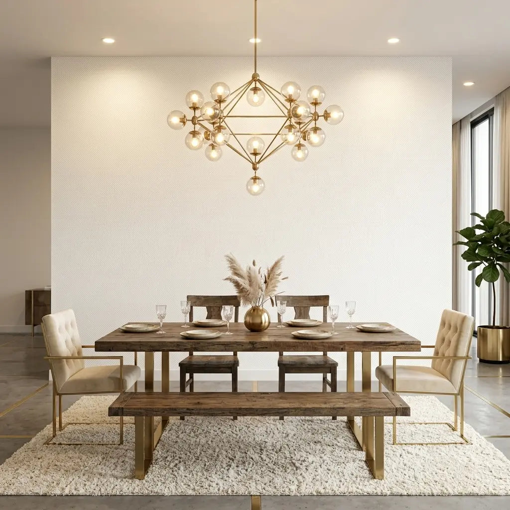 Dining Room - Features elegant Brioni wallpaper in White, Cream by York Wallcoverings, creating a bright and sophisticated space.