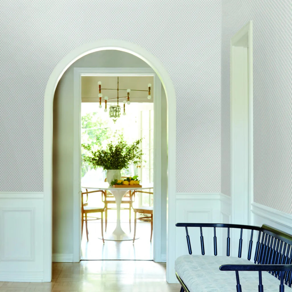 Entryway featuring Brioni White Grey wallpaper by York Wallcoverings, creating a stylish and inviting first impression.