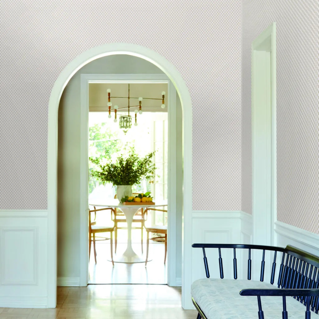 Elegant entryway featuring Brioni wallpaper in White/Beige by York Wallcoverings, creating a sophisticated welcome.