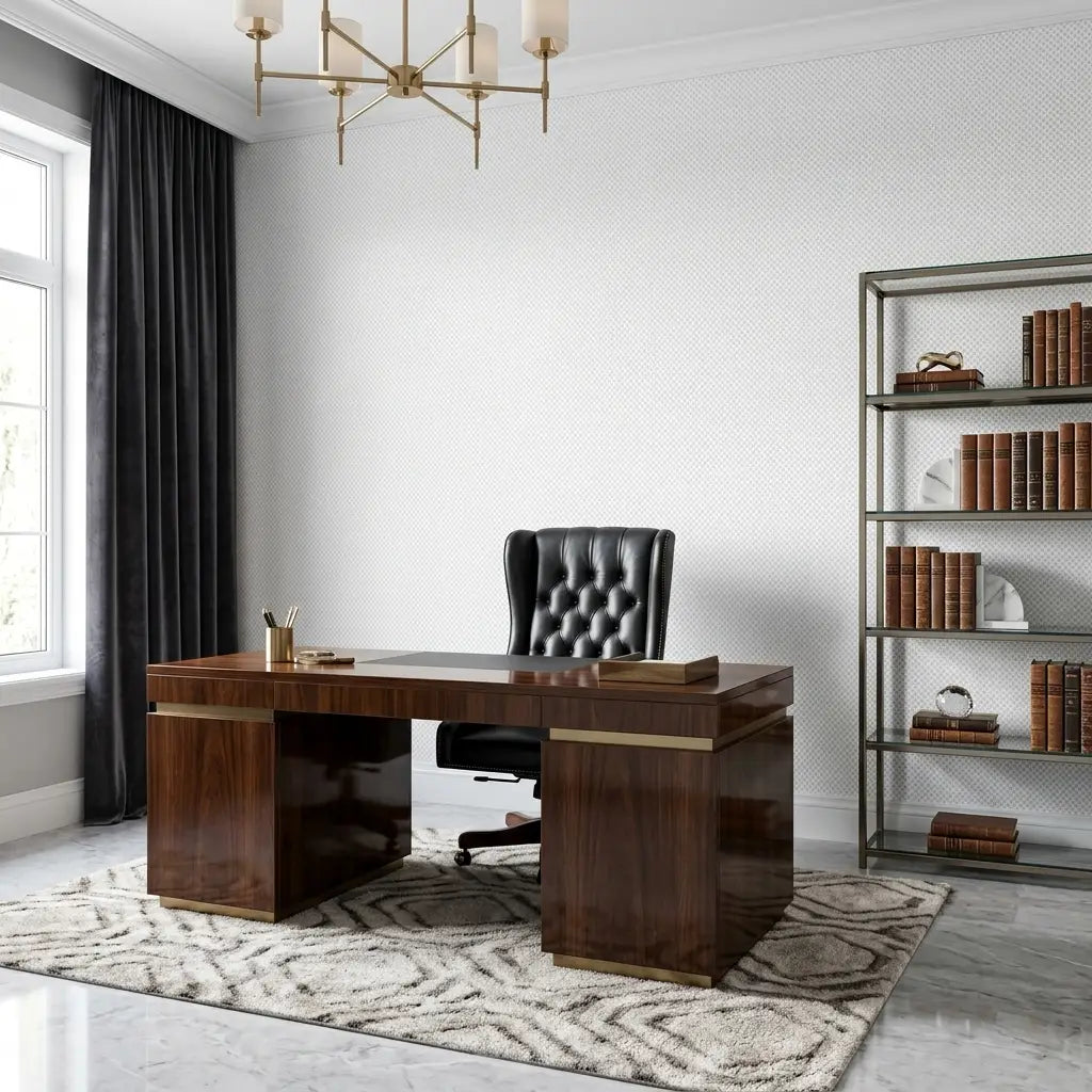 Home Office - Elegant workspace featuring Brioni wallpaper in White, Grey by York Wallcoverings, perfect for a sophisticated design.