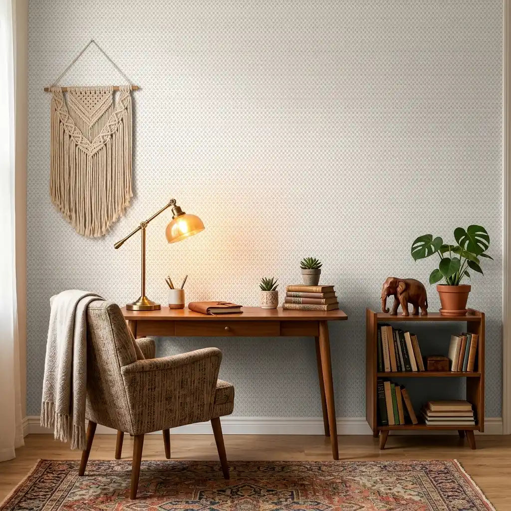 Home Office - Features Brioni wallpaper in White and Beige by York Wallcoverings for a stylish and productive workspace.