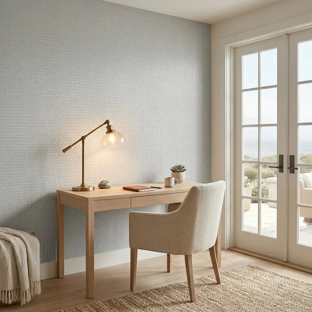 Home Office - Stylish workspace featuring elegant Grey Brioni wallpaper by York Wallcoverings, creating a sophisticated and productive environment.