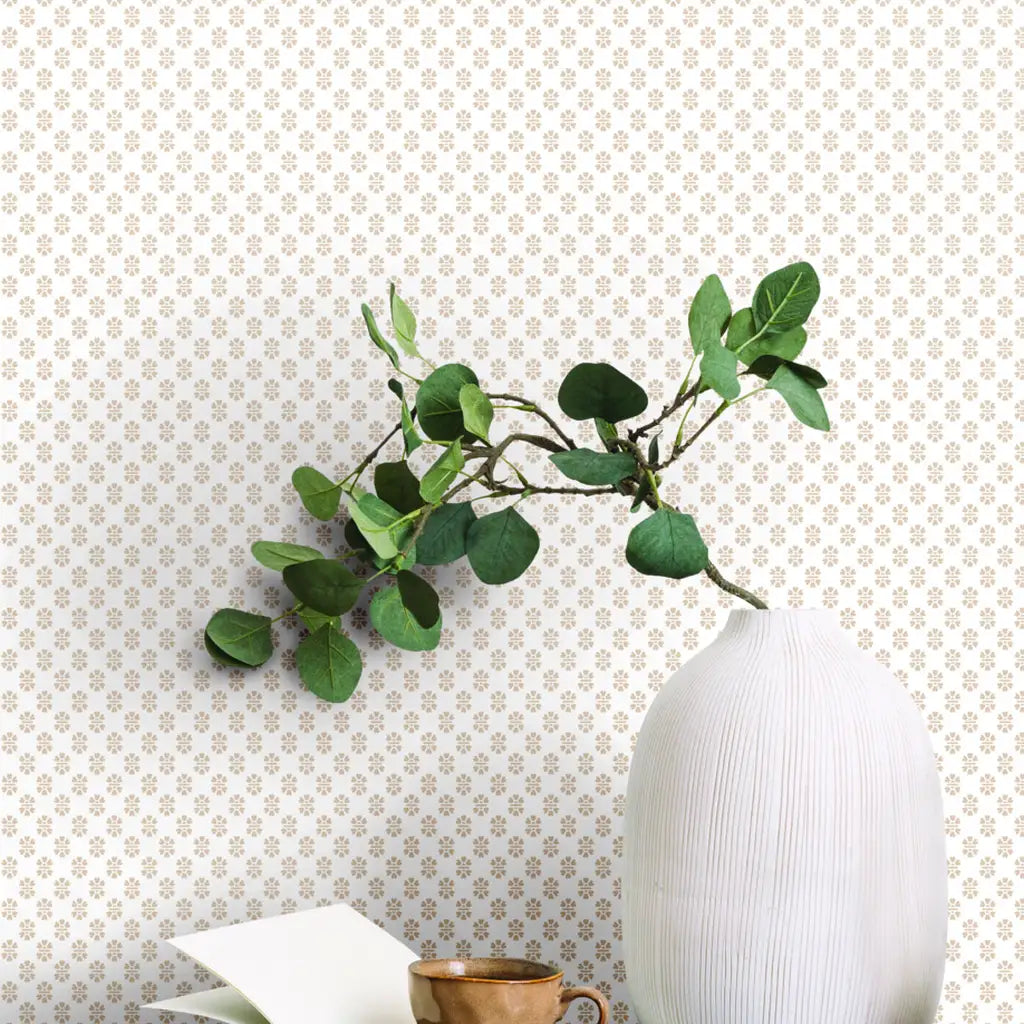 Living room featuring elegant White and Beige Brioni wallpaper by York Wallcoverings, creating a sophisticated modern space.