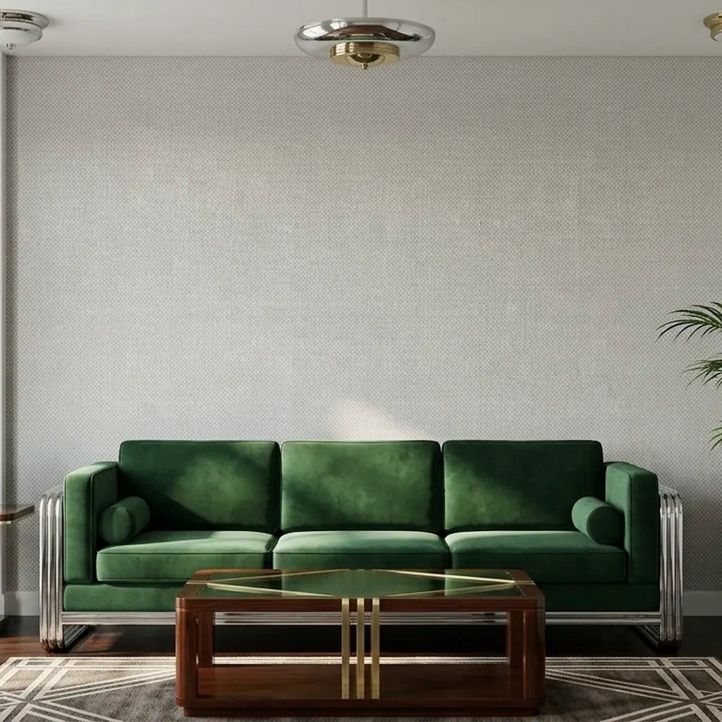 Living Room - Modern space features elegant Grey Brioni wallpaper by York Wallcoverings, creating a sophisticated and textured backdrop.