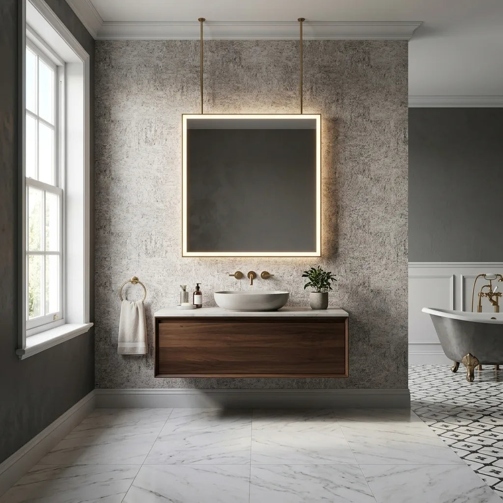 Bathroom - Features Caldera Cork wallpaper in Warm Ivory by York Wallcoverings, bringing natural texture and serene elegance.