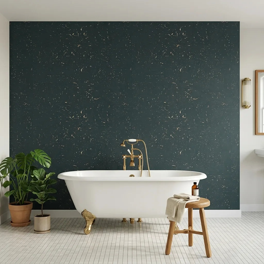 Bathroom - Caldera Cork wallpaper in Deep Green and Cork by York Wallcoverings adds natural texture and style.