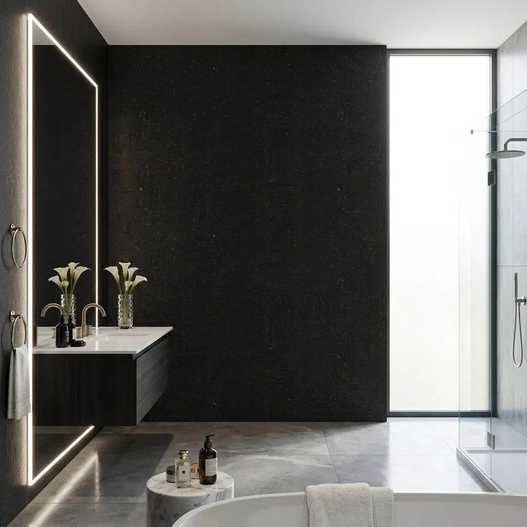 Bathroom - Showcasing Caldera Cork wallpaper in Black and Bronze by York Wallcoverings, creating a luxurious and textured space.