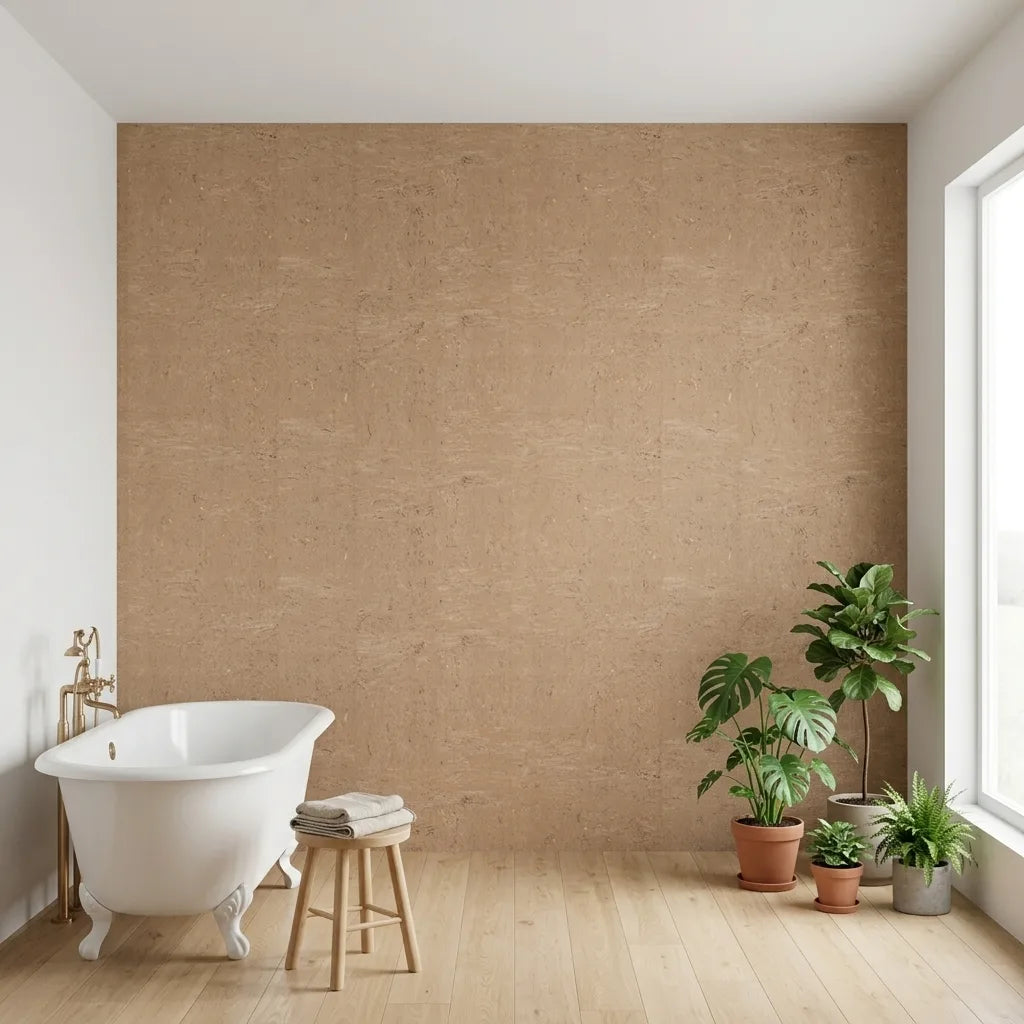 Bathroom - Elegant bathroom features Tan Caldera Cork wallpaper by York Wallcoverings, adding natural texture and warmth.