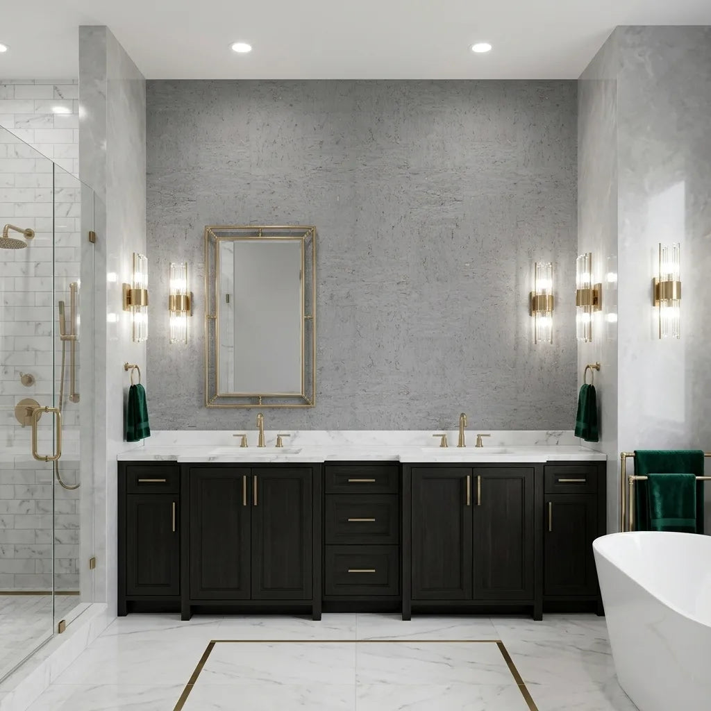Bathroom - Modern bath showcasing York Wallcoverings' Caldera Cork wallpaper in Cool Grey, adding natural texture and sophisticated style.