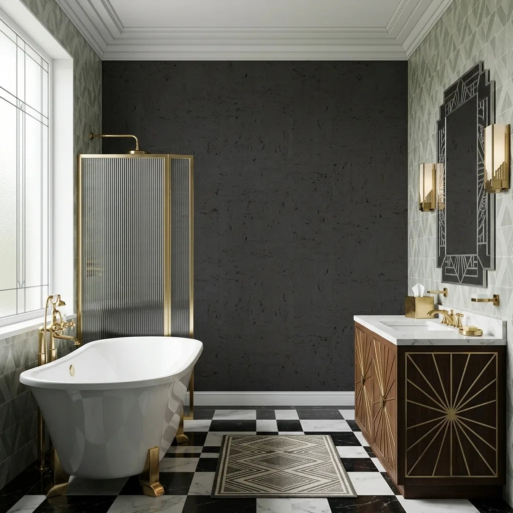 Bathroom - Stylish design with textured Charcoal 'Caldera Cork' wallpaper from York Wallcoverings, creating a sophisticated look.