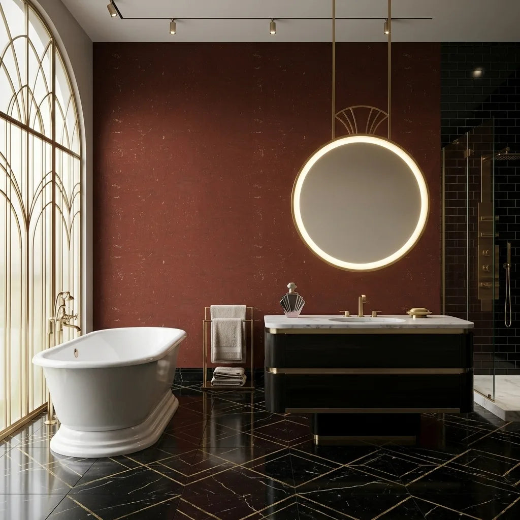 Bathroom - Featuring luxurious Caldera Cork maroon wallpaper by York Wallcoverings, adding a rich, textured look to this elegant space.