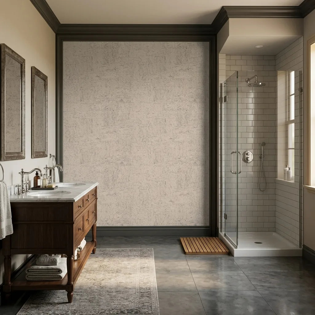 Bathroom - Elegant bathroom featuring Caldera Cork wallpaper in Warm Ivory by York Wallcoverings, adding natural texture and warmth.