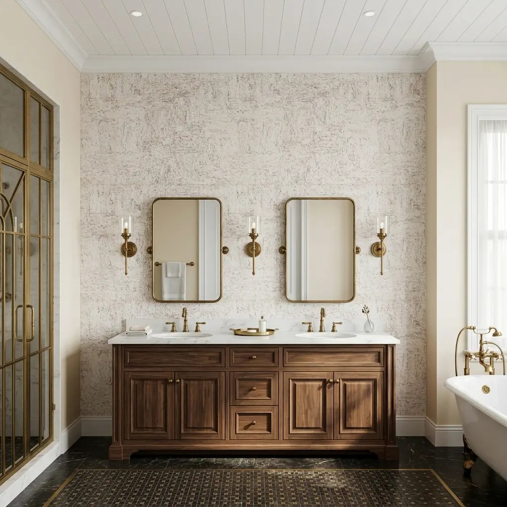 Bathroom - Elegant bathroom featuring Caldera Cork wallpaper in Warm White by York Wallcoverings, creating a serene, textured space.