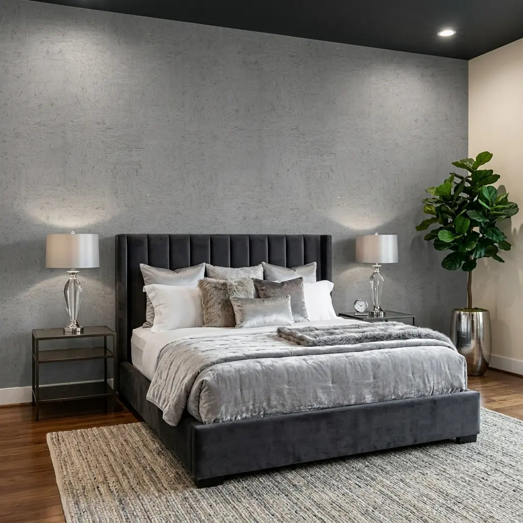 Bedroom - Modern bedroom featuring elegant York Wallcoverings Caldera Cork wallpaper in a soothing cool grey tone.