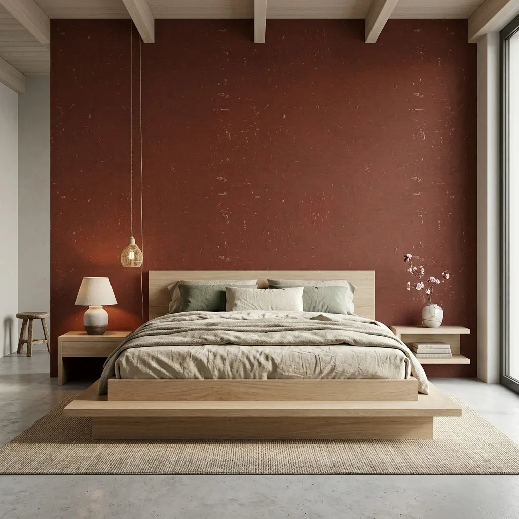 Bedroom - Stylish bedroom featuring warm Maroon Caldera Cork wallpaper by York Wallcoverings, adding a touch of luxury.