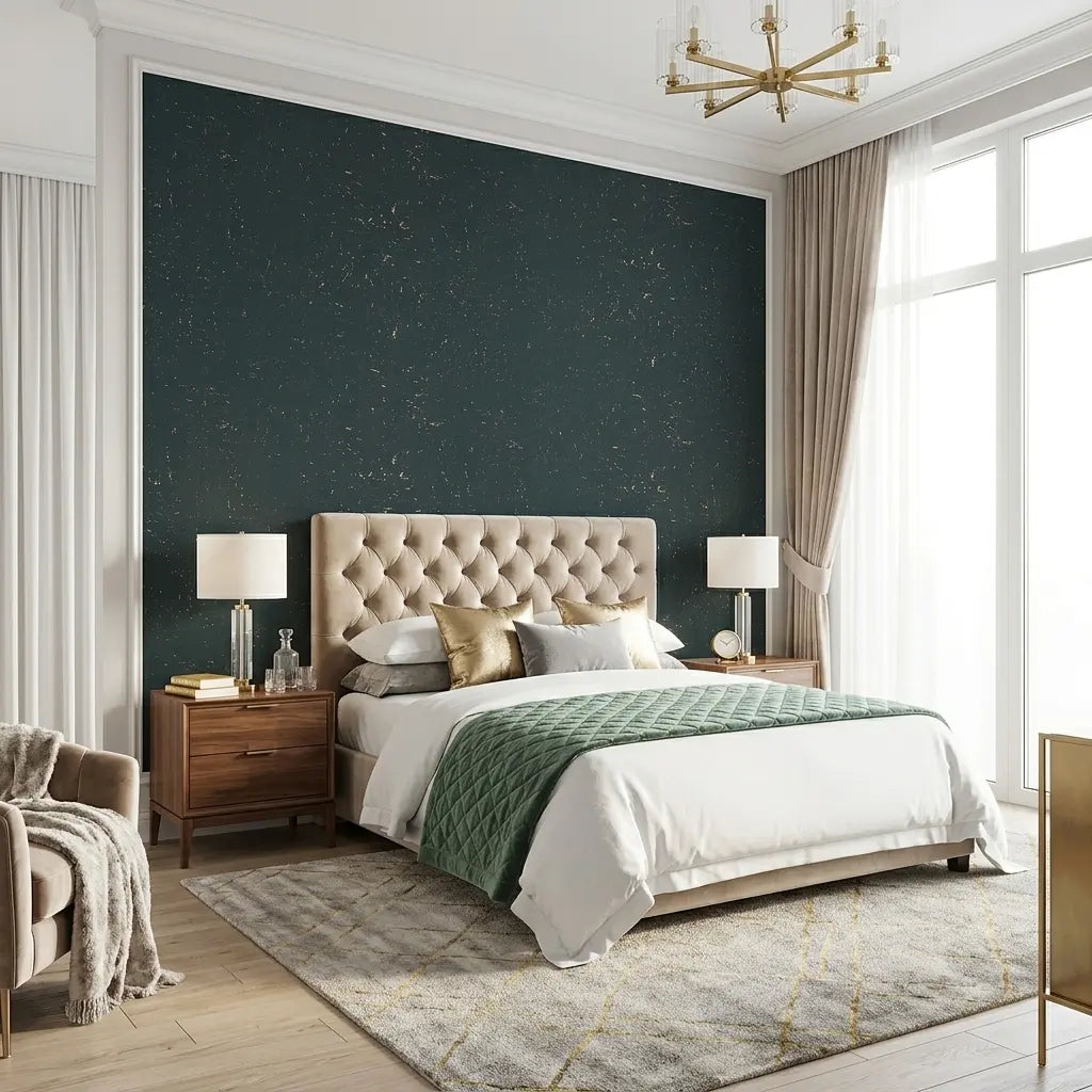 Bedroom - York Wallcoverings' Caldera Cork wallpaper in deep green and cork creates a sophisticated, organic bedroom ambiance.