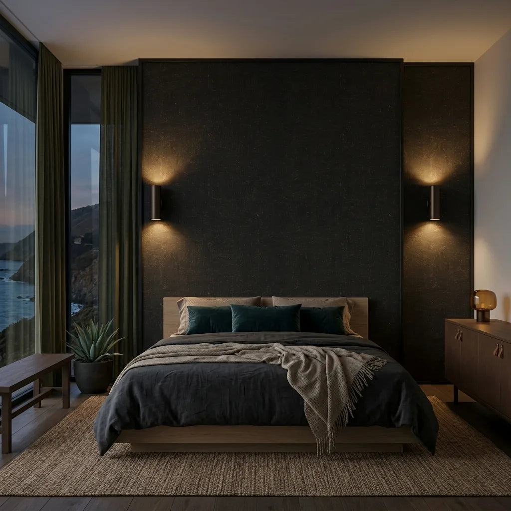 Bedroom - Sophisticated bedroom showcases Black and Bronze Caldera Cork wallpaper by York Wallcoverings, adding texture and style.