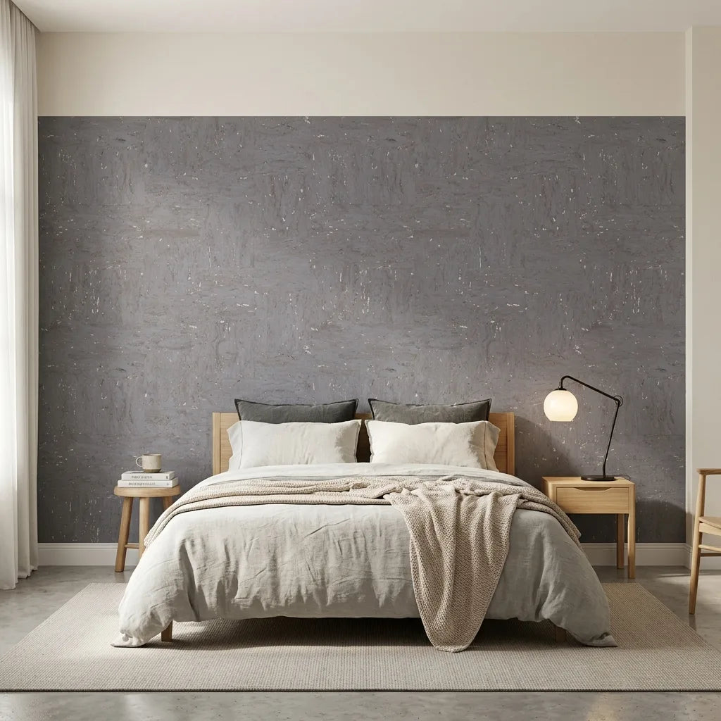 Bedroom - Caldera Cork Slate Purple wallpaper by York Wallcoverings creates a sophisticated accent wall with natural texture.