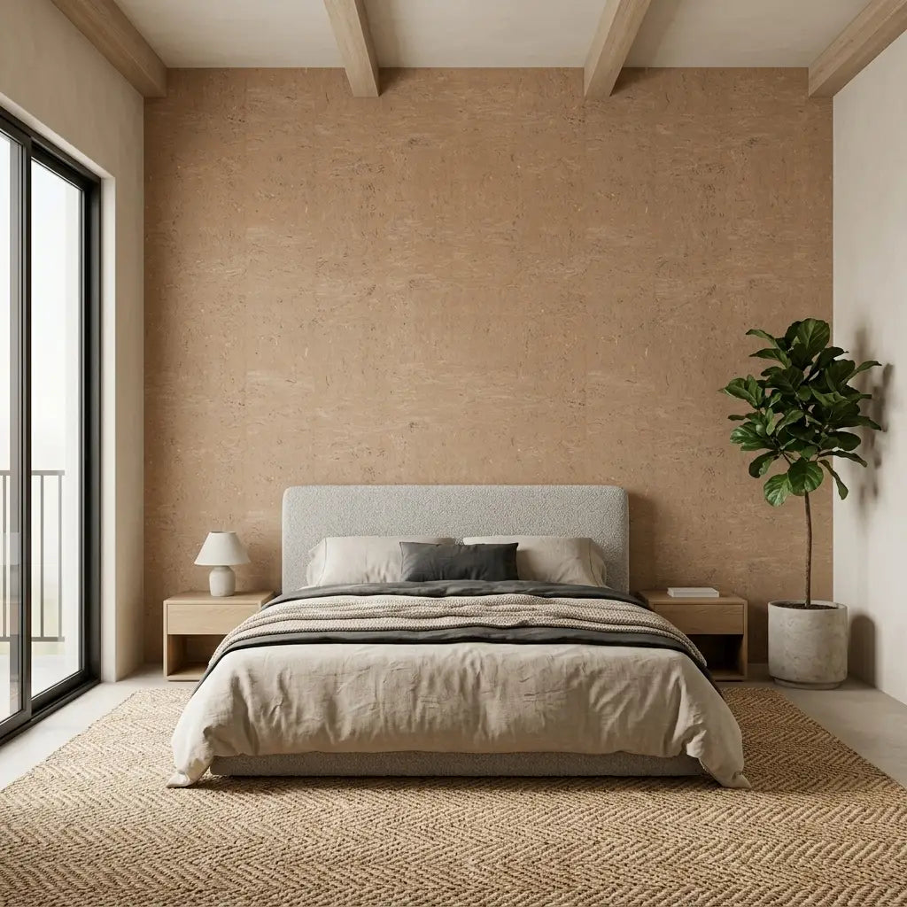 Bedroom - Tan Caldera Cork wallpaper by York Wallcoverings adds natural texture and warmth to this stylish bedroom design.