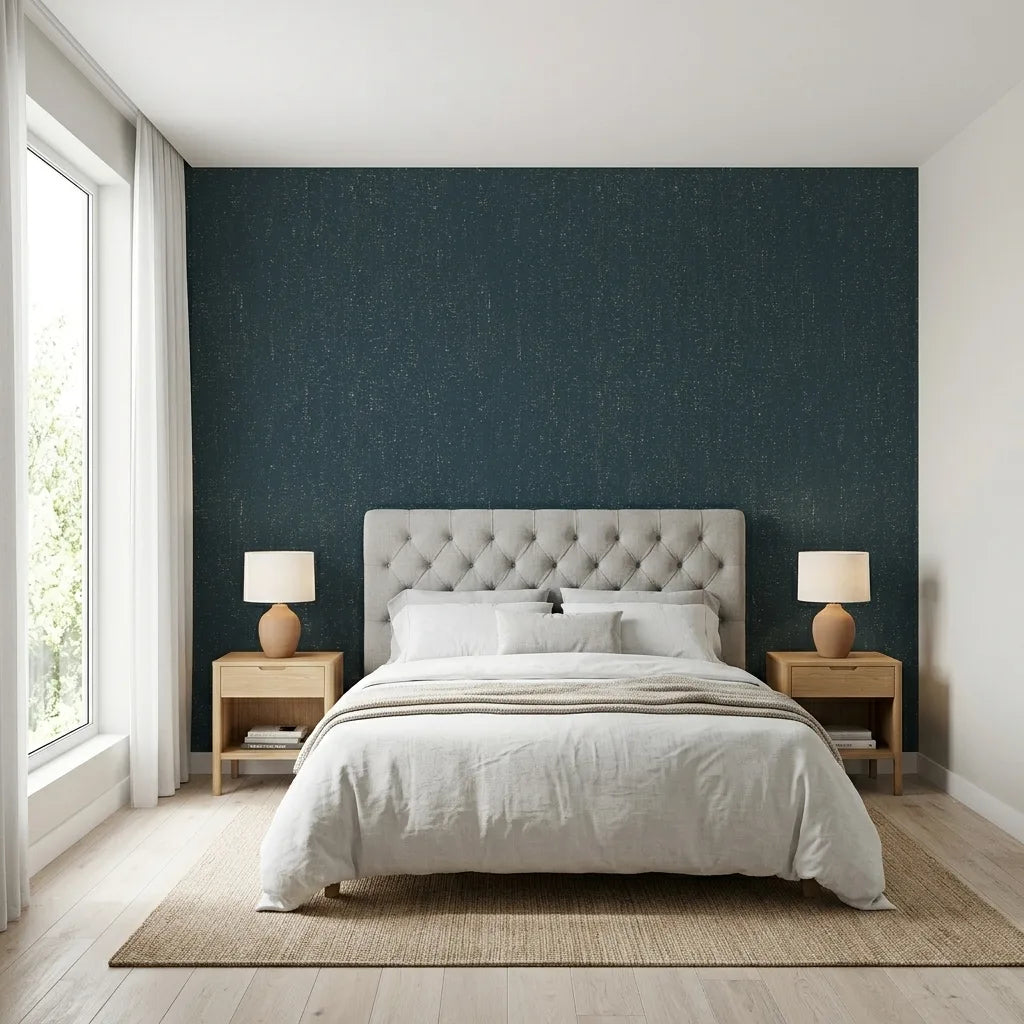 Bedroom - Stylish room showcasing natural Teal and Tan Caldera Cork wallpaper by York Wallcoverings, adding organic texture.