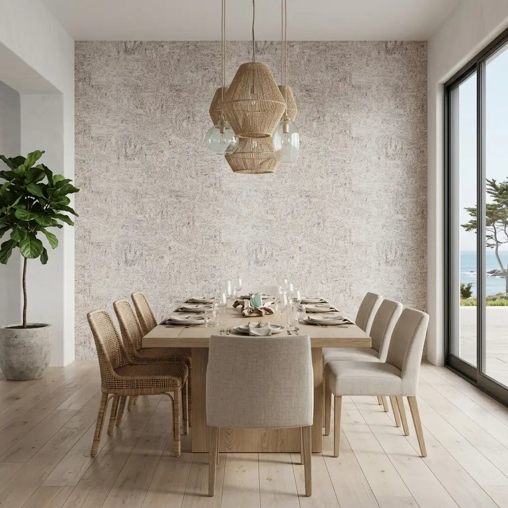 Dining Room - features Caldera Cork wallpaper in Warm Ivory by York Wallcoverings, creating a warm and inviting atmosphere.