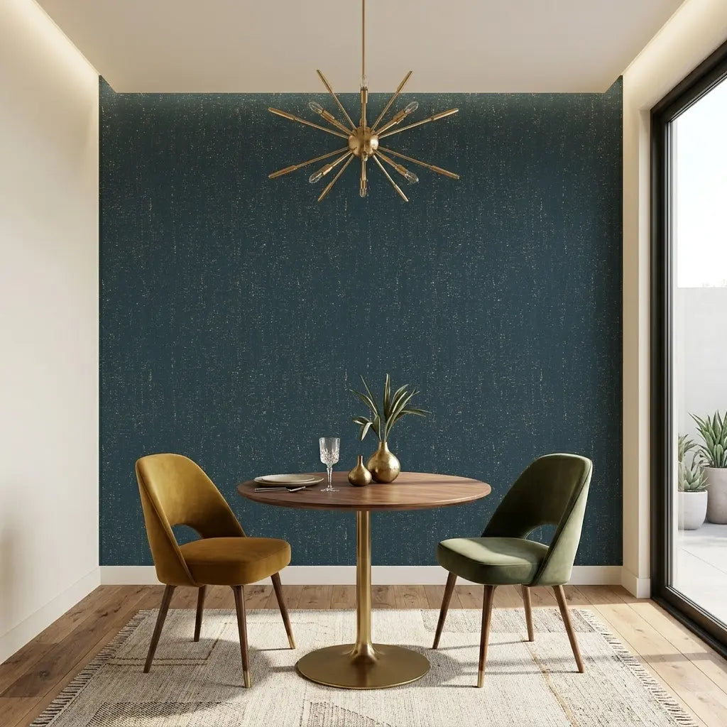 Dining Room - Features Caldera Cork wallpaper in Teal and Tan by York Wallcoverings, creating a sophisticated and natural ambiance.