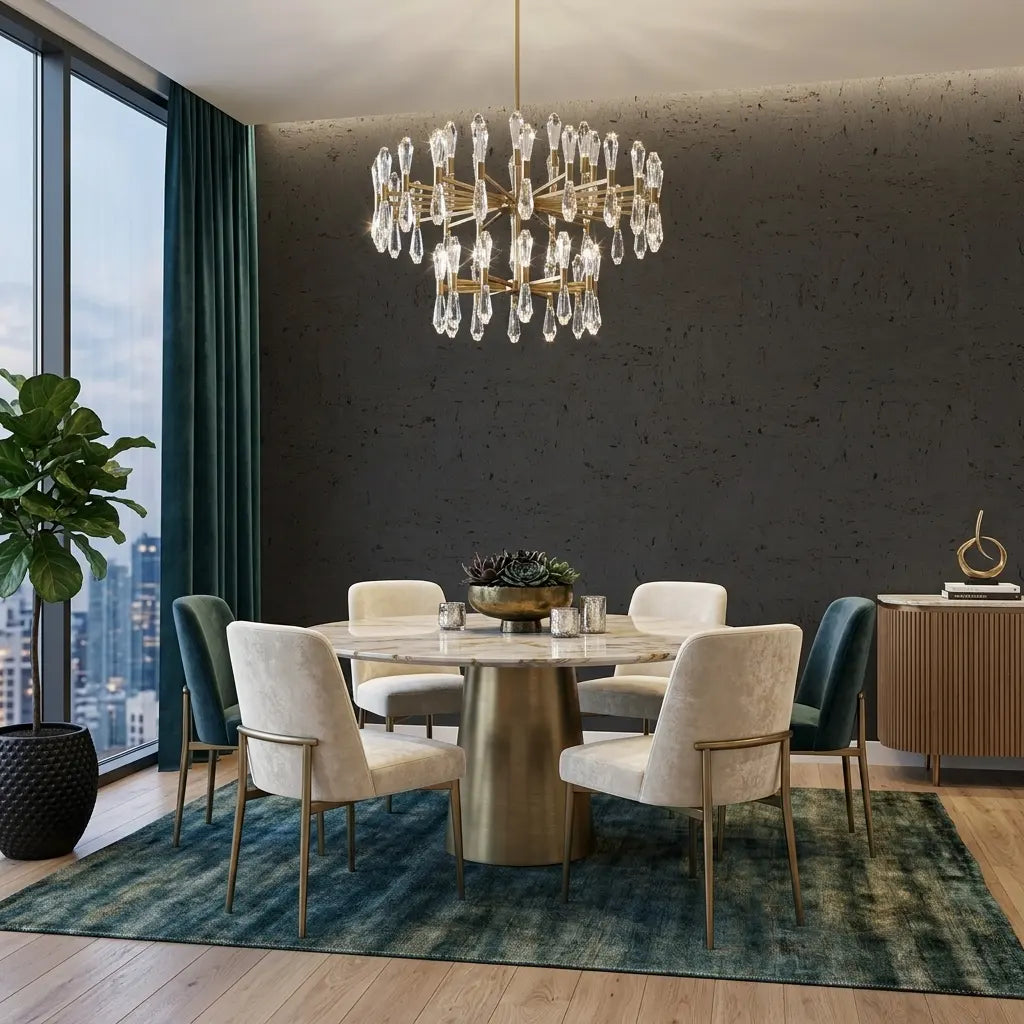 Dining Room - Elegant dining room showcasing York Wallcoverings' Caldera Cork wallpaper in a sophisticated charcoal finish.