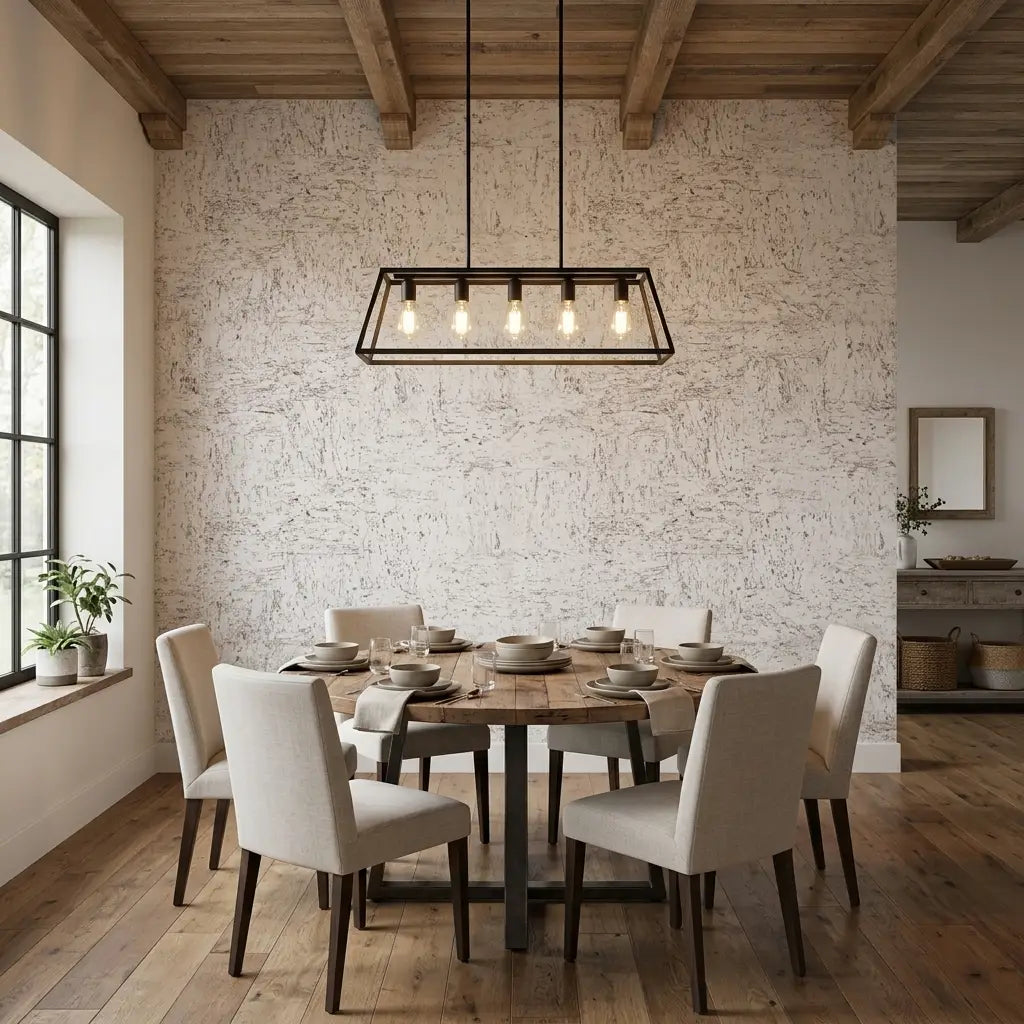 Dining Room - Elegant dining space featuring the textured beauty of Caldera Cork wallpaper in Warm White by York Wallcoverings.