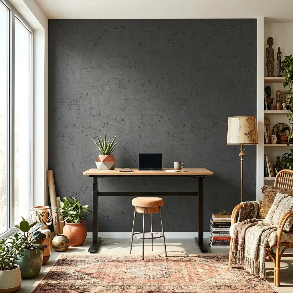 Home Office - Stylish workspace featuring Caldera Cork wallpaper in Charcoal by York Wallcoverings, creating a sophisticated and inspiring backdrop.