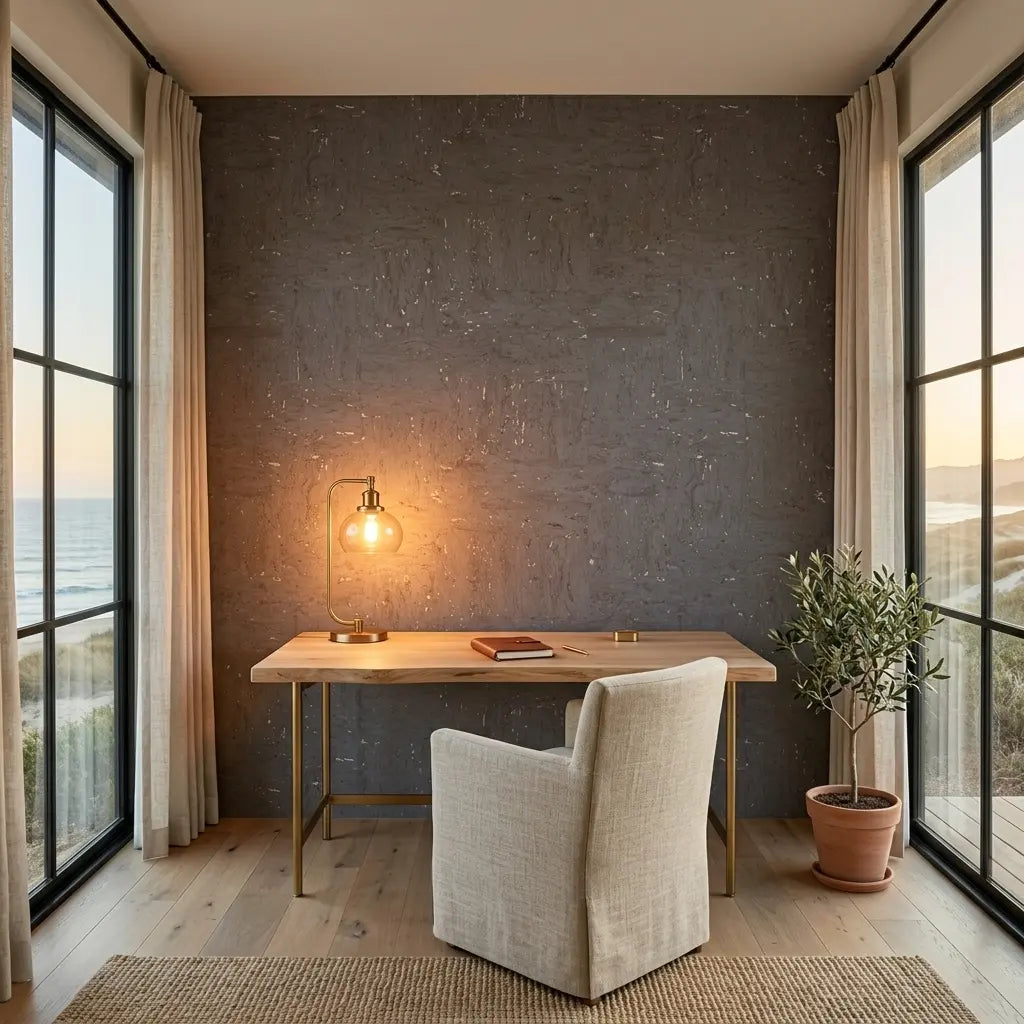 Home Office - Featuring stunning Caldera Cork wallpaper in Slate Purple by York Wallcoverings, creating an elegant and inspiring workspace.