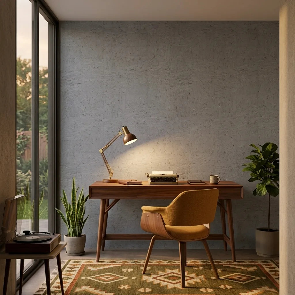 Home Office - Modern workspace with stunning Cool Grey Caldera Cork wallpaper by York Wallcoverings creating a sophisticated backdrop.