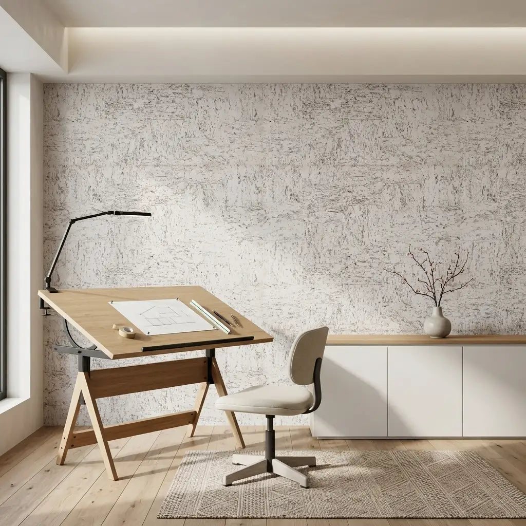 Home Office - Modern workspace featuring elegant Caldera Cork wallpaper in Warm White by York Wallcoverings for a stylish design.