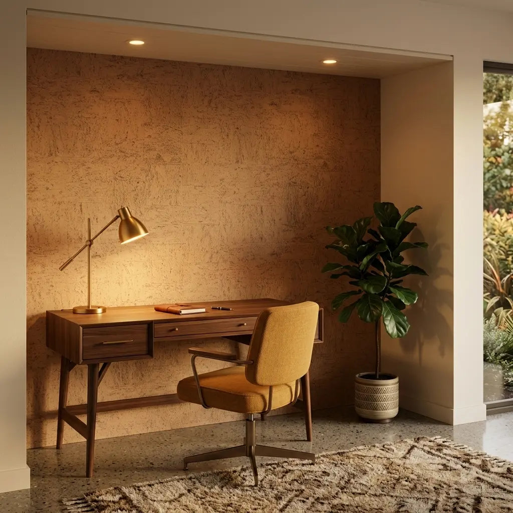 Home Office - Features York Wallcoverings' Caldera Cork wallpaper in Warm Ivory, adding natural texture and serene style.