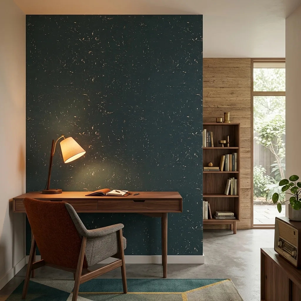 Home Office - Deep Green and Cork Caldera Cork wallpaper by York Wallcoverings brings organic texture to this stylish workspace.