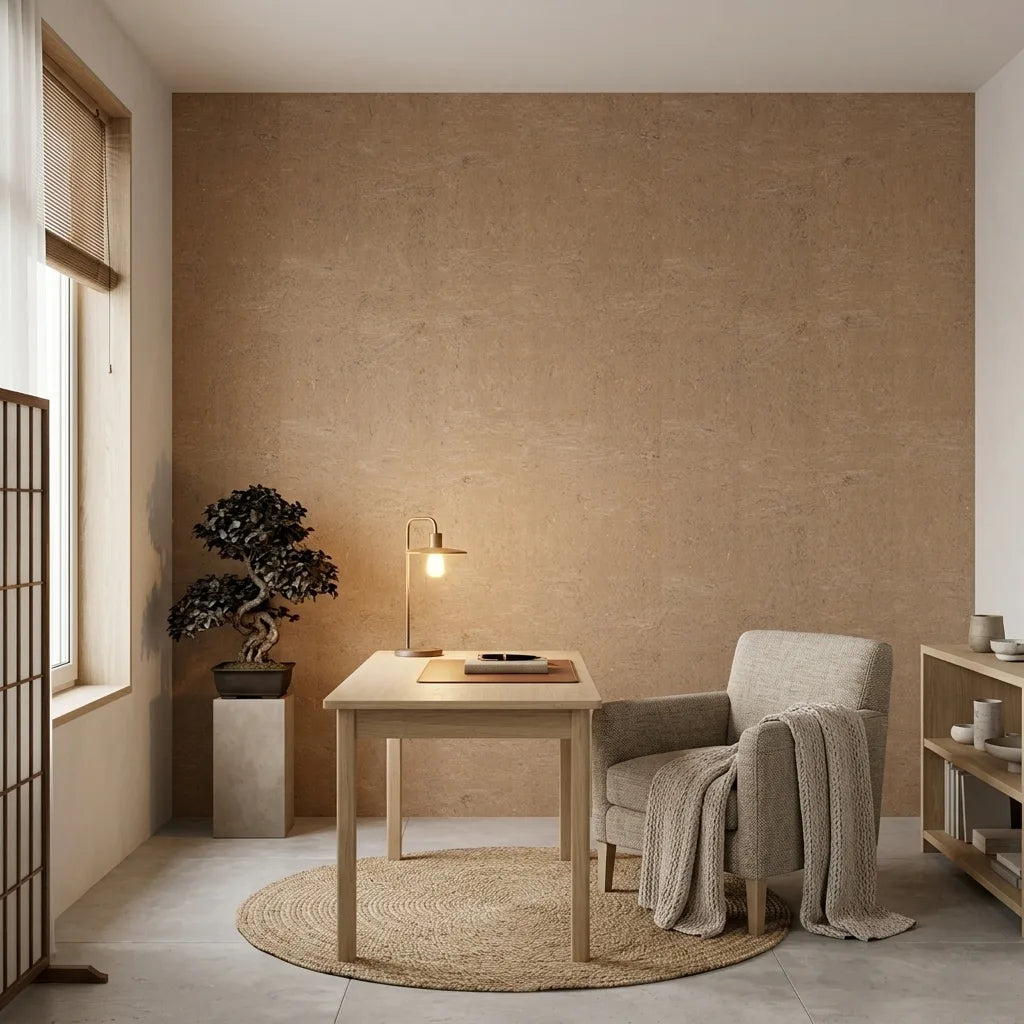 Home Office - Tan 'Caldera Cork' wallpaper by York Wallcoverings creates a warm, natural backdrop for productivity.