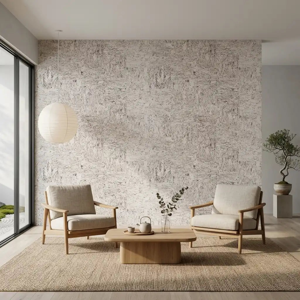 Living Room - Warm Ivory Caldera Cork wallpaper by York Wallcoverings adds natural texture and modern elegance to the space.