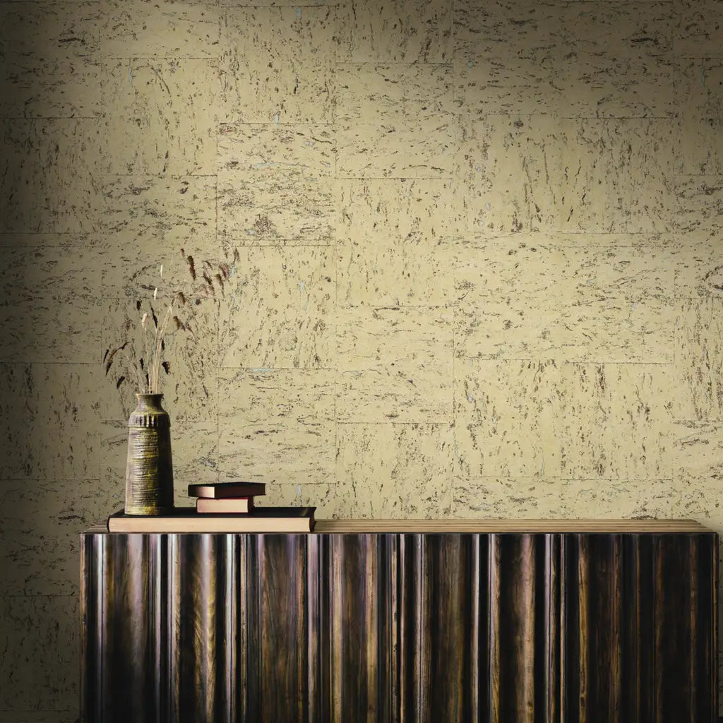 Warm Ivory Caldera Cork wallpaper by York Wallcoverings elevates this elegant living room design.