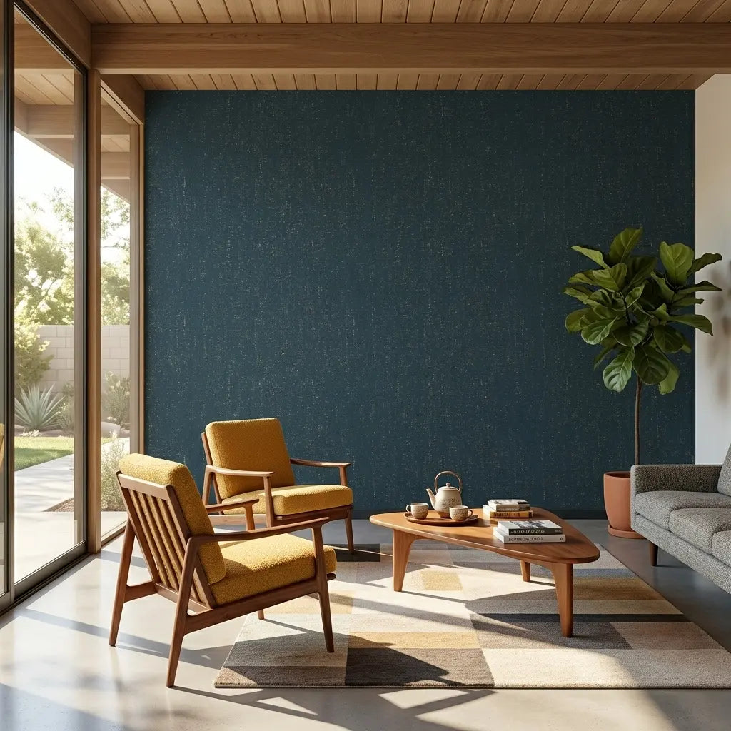 Living Room - Modern space featuring York Wallcoverings' Teal and Tan Caldera Cork wallpaper for a natural touch.