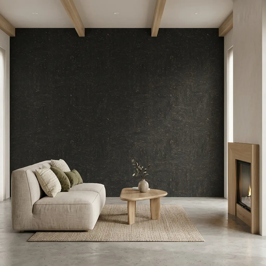 Living Room - York Wallcoverings' Caldera Cork wallpaper in black and bronze provides a luxurious backdrop for this stylish space.