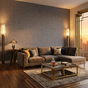 Living Room - featuring Caldera Cork wallpaper in Slate Purple by York Wallcoverings, creating a modern and cozy space.