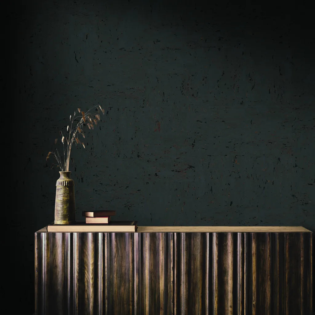 Living room showcasing sophisticated Caldera Cork wallpaper in Charcoal by York Wallcoverings.