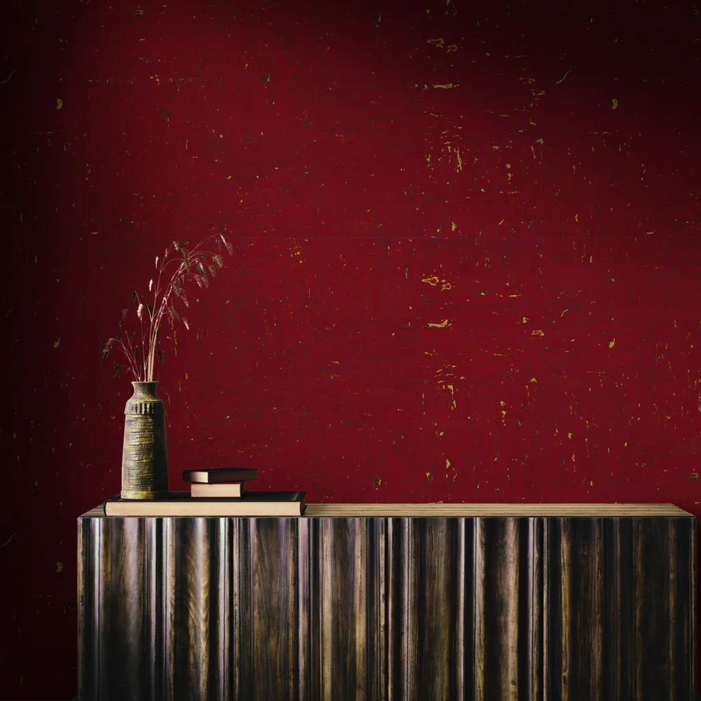 Maroon Caldera Cork wallpaper by York Wallcoverings adds warmth and texture to this modern living room design.