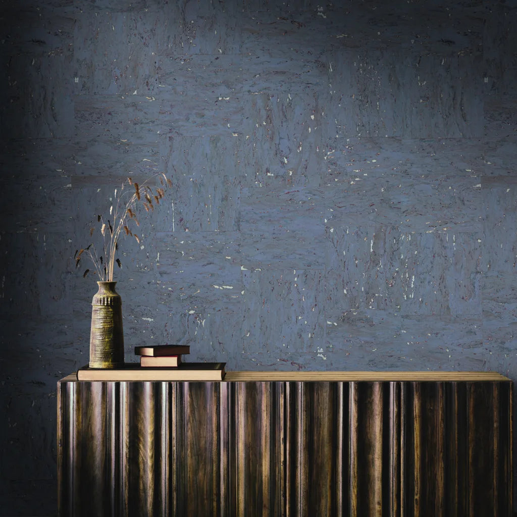 Living room featuring luxury Caldera Cork wallpaper in Slate Purple by York Wallcoverings, enhancing modern decor.