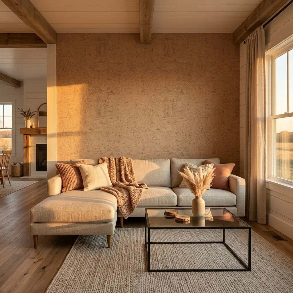 Living Room - features Caldera Cork wallpaper in Warm Ivory by York Wallcoverings, creating a cozy and stylish space.