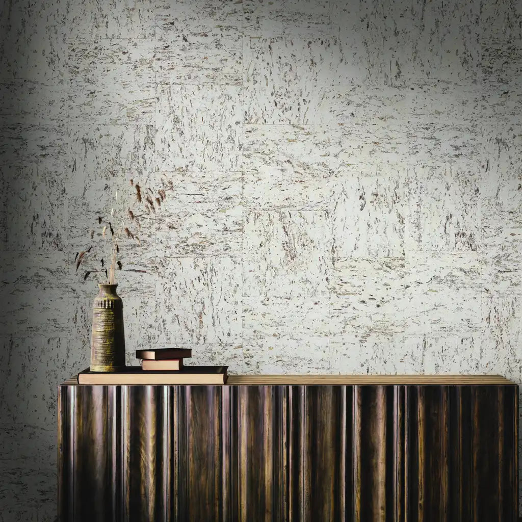 Warm White Caldera Cork wallpaper by York Wallcoverings adds natural texture to this elegant interior design.