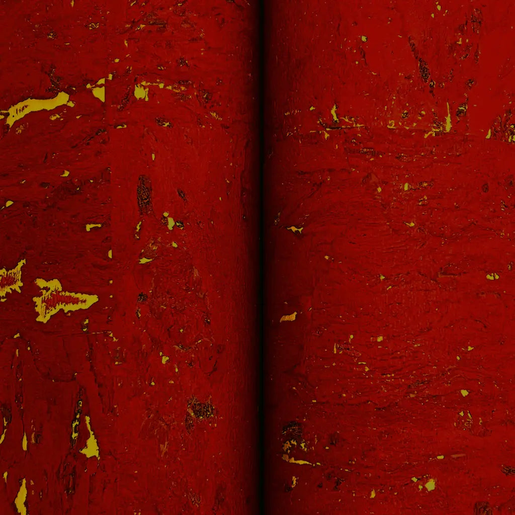Close-up texture detail of York Wallcoverings' Maroon Caldera Cork wallpaper, highlighting its unique natural pattern and rich color.